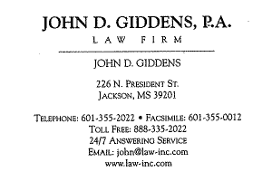 John D. Giddens Attorney at Law business card